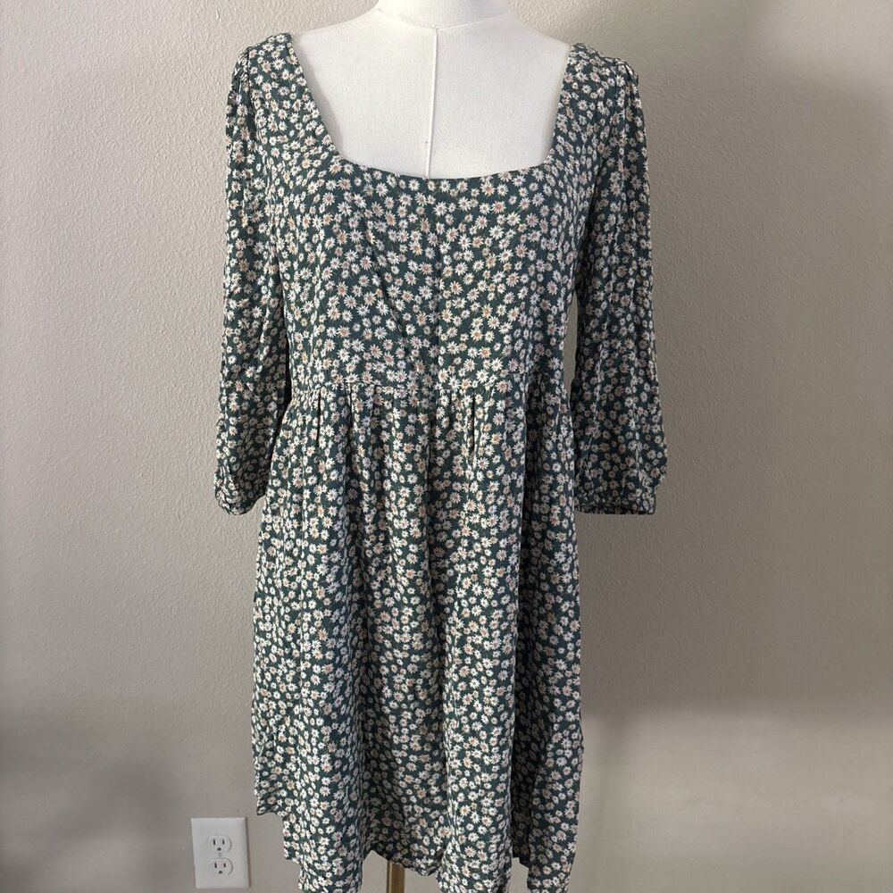 American Eagle Floral Mini Dress S Green Daisy Square Neck Babydoll